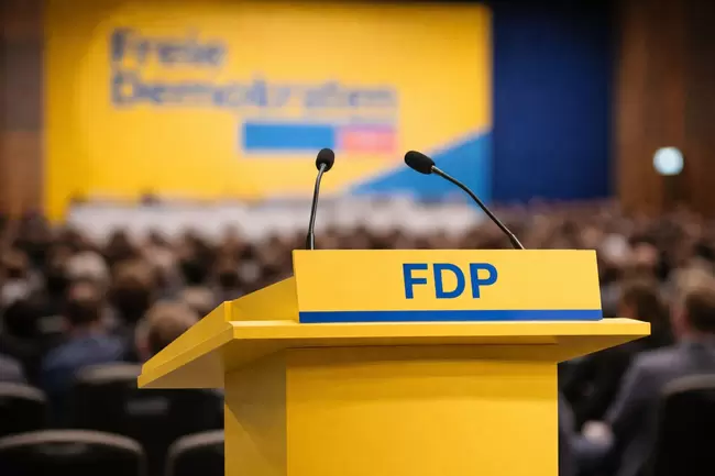Podium für Parteikonferenz mit FDP-Logo