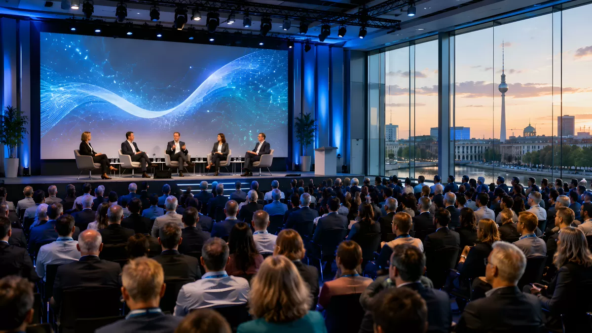 Podiumsdiskussion in modernem Konferenzsaal in Berlin