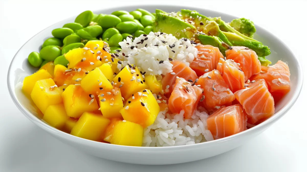 Poke Bowl mit Lachs und Avocado photorealisti