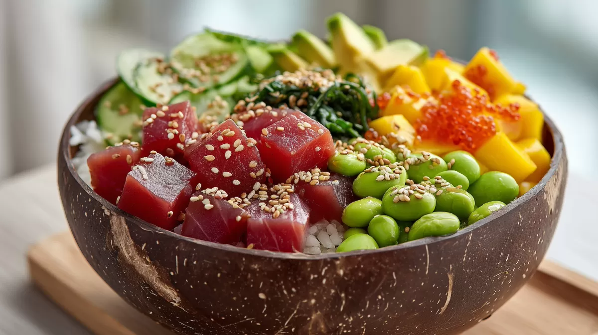 Poke Bowl mit Thunfisch in Kokosnussschale