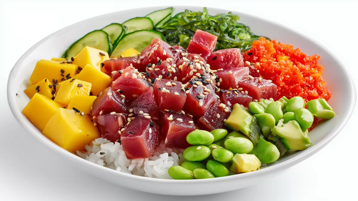 Poke Bowl mit Thunfisch, Mango und Edamame
