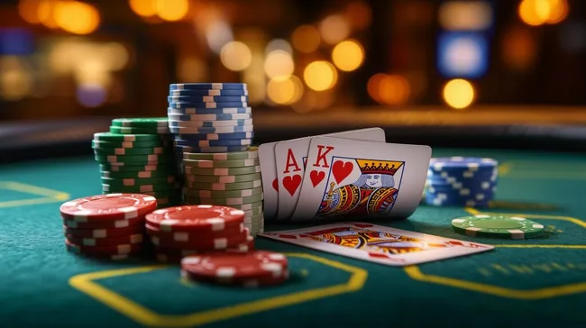 Pokerhand mit Ass und König auf Casinotisch