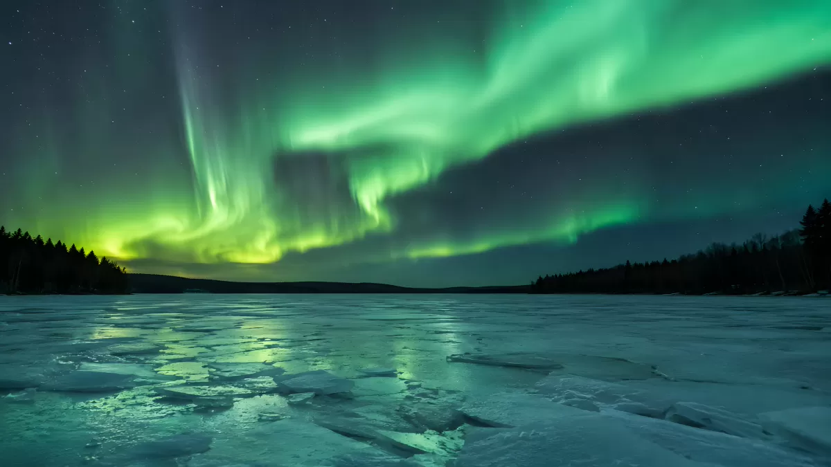 Polarlichter über gefrorenem See in der Winternacht