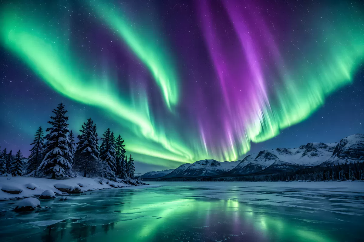 Polarlichter über gefrorenem See mit Schneeberg
