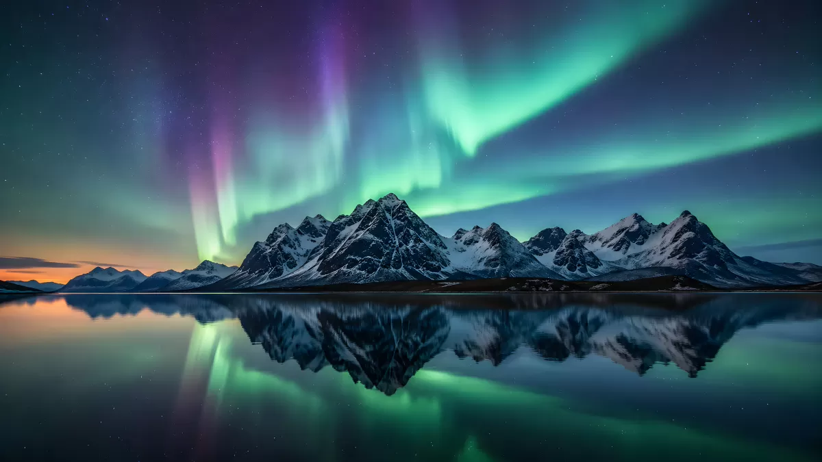 Polarlichter über Schneebergen mit Spiegelung im See
