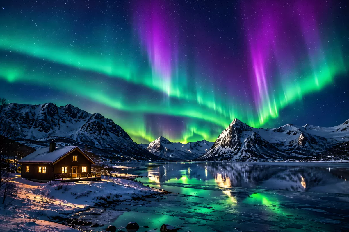 Polarlichter über verschneitem Fjord mit Berghütte