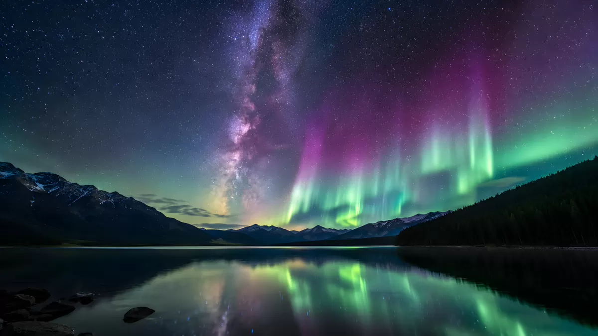 Polarlichter und Milchstraße über Bergsee bei Nacht