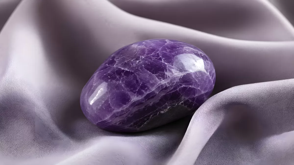 Polierter Amethyst auf silbergrauem Seidenstoff