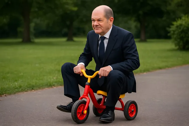 Politiker fährt Dreirad im Park