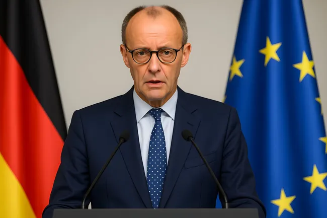 Politiker in Anzug spricht vor Flaggen