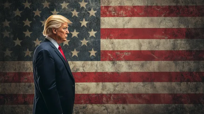 Politisch aufgeladenes Porträt des US-Präsidenten vor amerikanischer Flagge