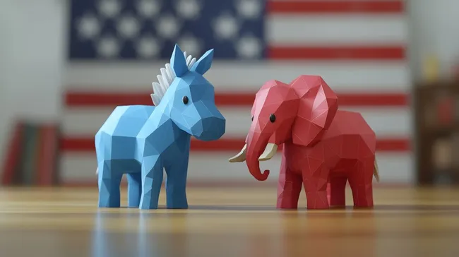 Politische Symbole Esel und Elefant vor amerikanischer Flagge