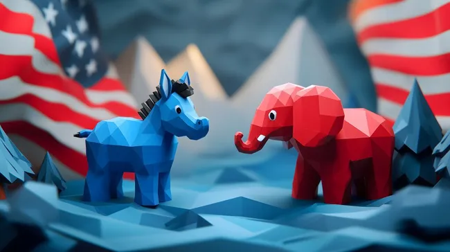 Politische Symbole in polygonaler Winterlandschaft