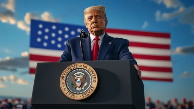 Politischer Redner an Rednerpult mit US-Flagge