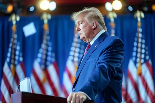 Politischer Redner an Rednerpult vor US-Flaggen