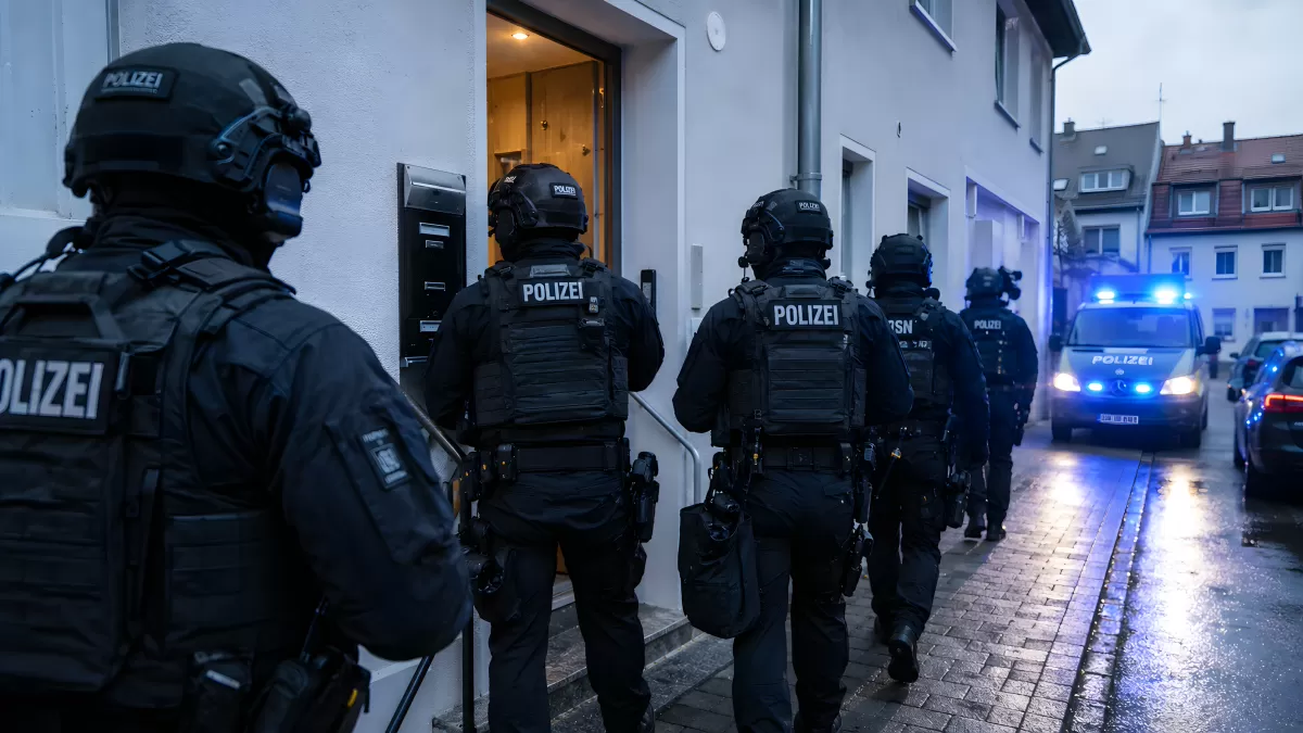 Polizei-Einsatzkräfte bei Razzia in Wohngebiet