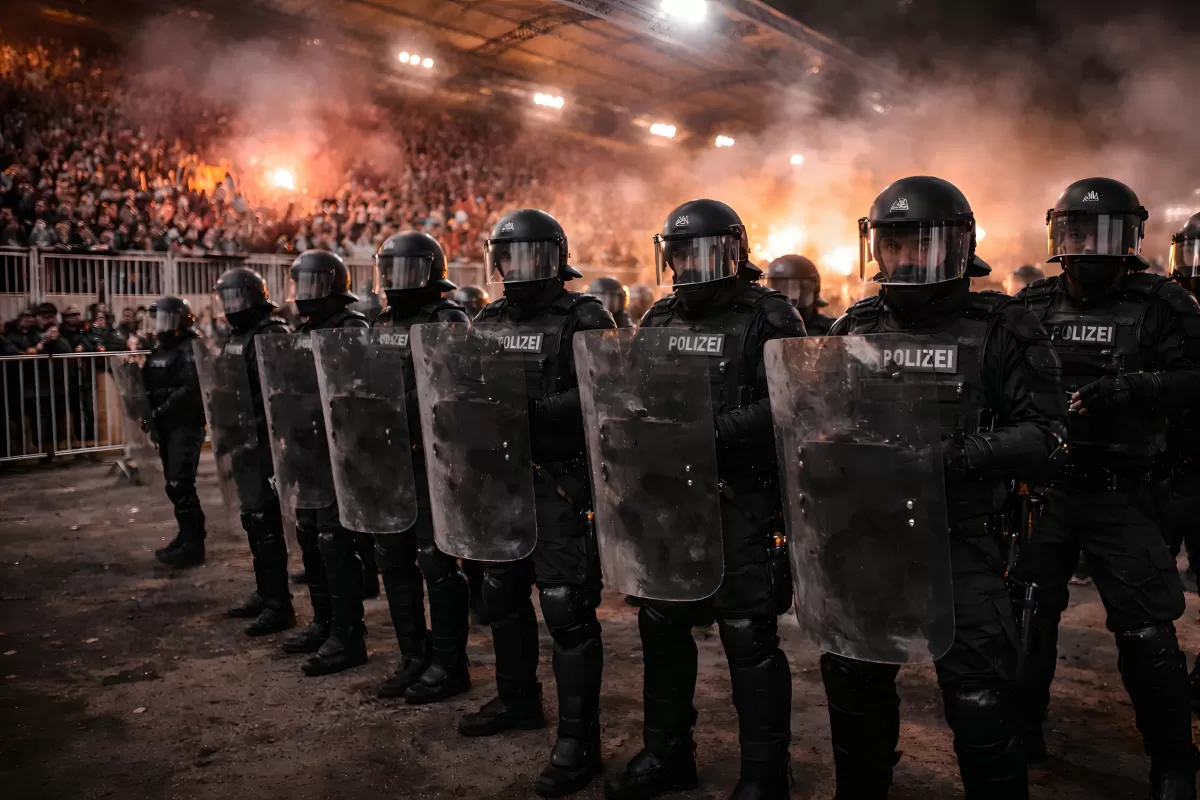 Polizei in Schutzausrüstung vor Stadion mit Rauch