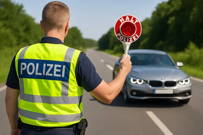 Polizei kontrolliert Fahrzeug auf Landstraße mit Haltekelle