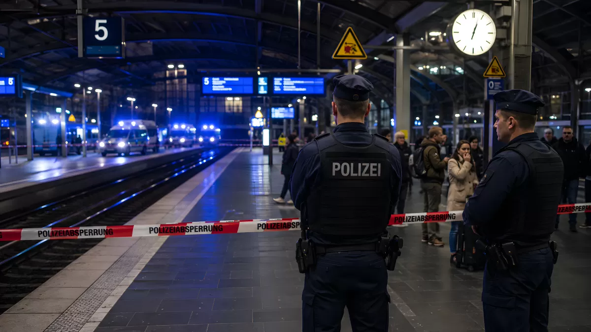 Polizeiabsperrung am Bahnhof bei Nacht in Deutschland