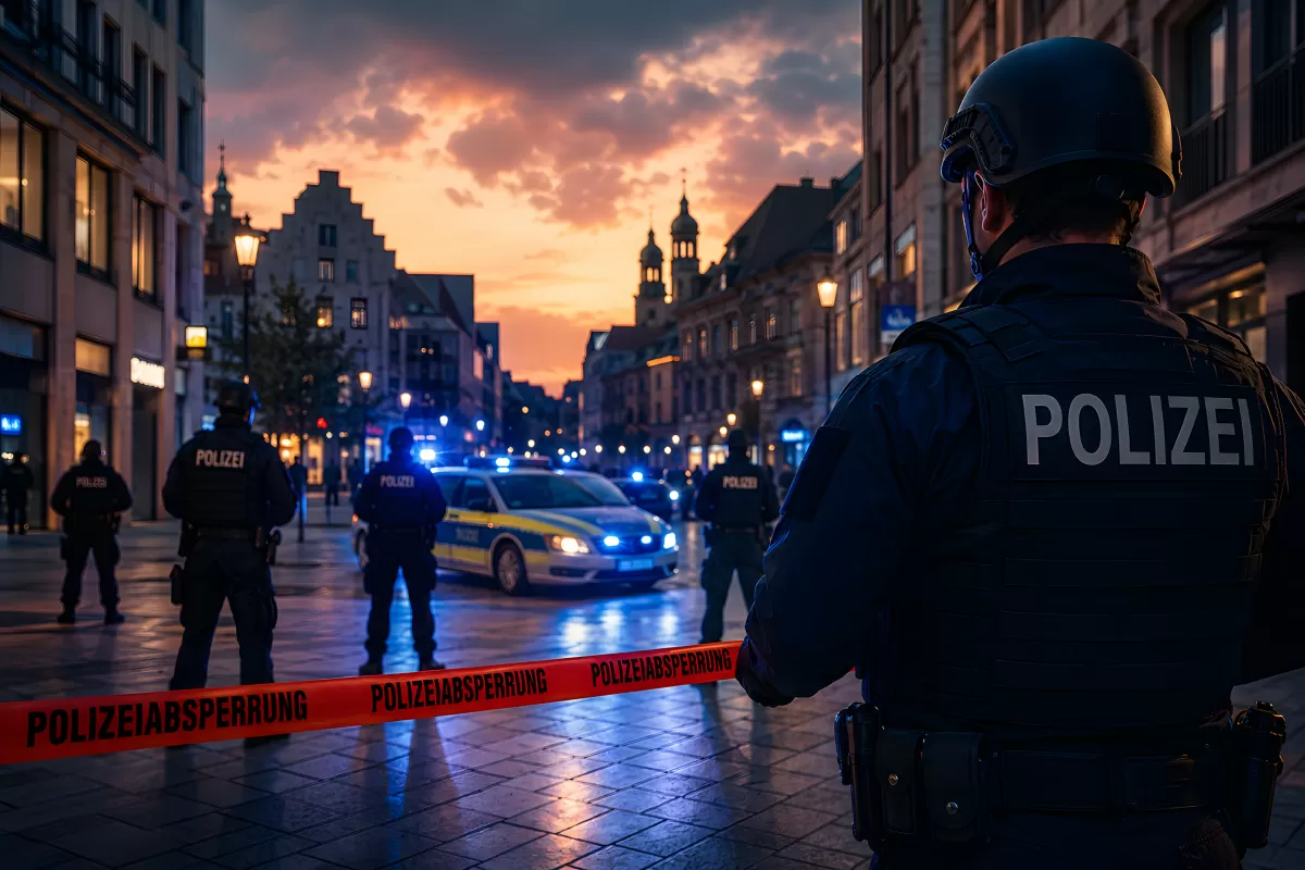 Polizeiabsperrung in der Innenstadt bei Abenddämmerung