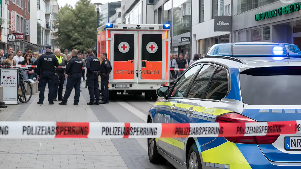 Polizeiabsperrung mit Rettungswagen in Fußgängerzone