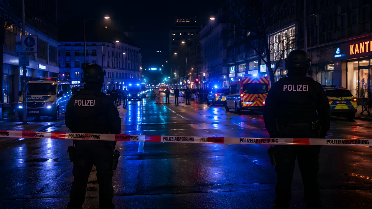 Polizeiabsperrung nachts auf nasser Stadtstraße