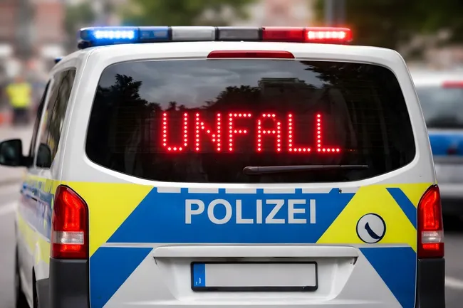 Polizeiauto mit Unfall-Warnanzeige und Blaulicht