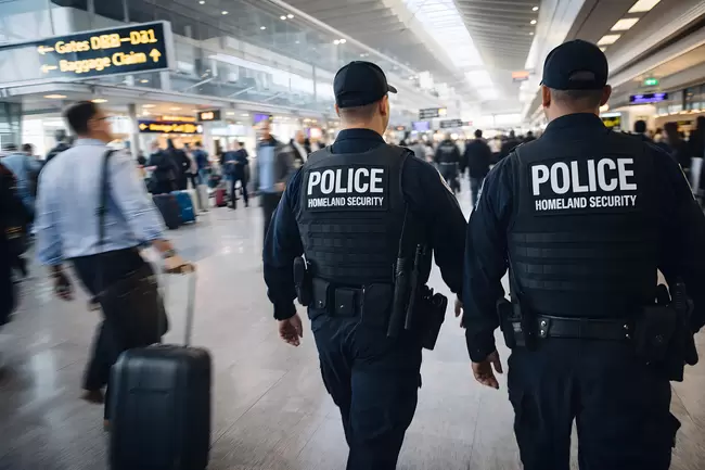 Polizeibeamte in uniformen bei Sicherheitskontrollen am Flughafen