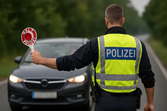 Polizeibeamter hält Verkehrskontrolle mit Warnweste auf Landstraße