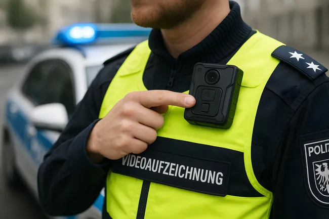 Polizeibeamter mit Bodycam und Warnweste bei Videoaufzeichnung