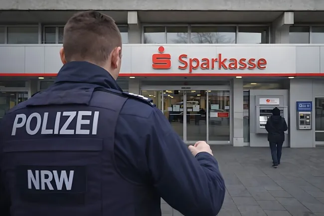 Polizeibeamter vor Sparkassen-Bankfiliale