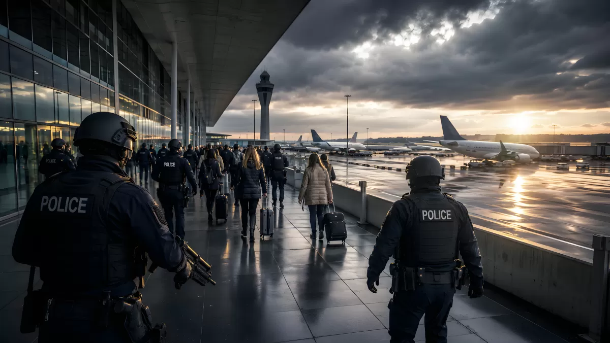 Polizeieinsatz am Flughafen bei dramatischem Abendhimmel