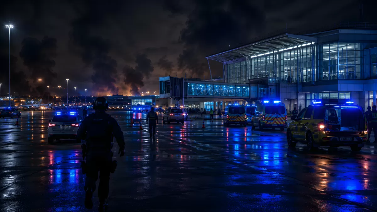 Polizeieinsatz am Flughafen bei Nacht mit Blaulicht