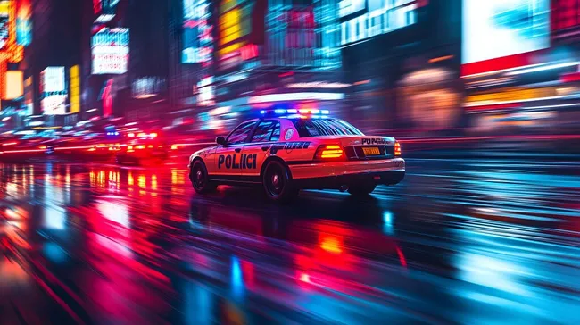 Polizeiwagen bei nächtlichem Einsatz in der Stadt