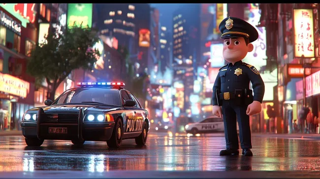 Polizist auf Streife in belebter Großstadtnacht