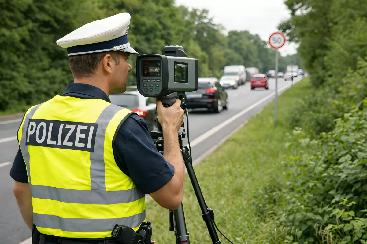 Polizist bei Geschwindigkeitskontrolle während Blitzermarathon 2026