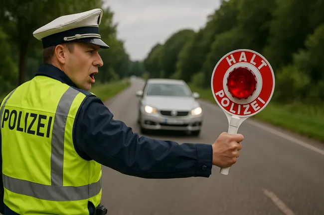 Polizist hält Autofahrer auf Landstraße mit Haltekelle an