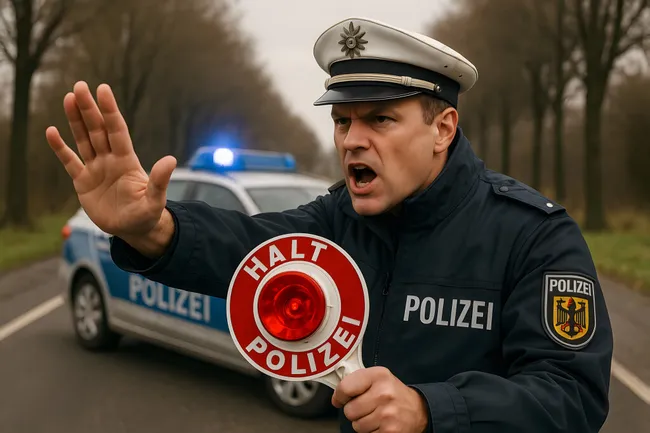 Polizist weist bei Verkehrskontrolle mit Warnschild