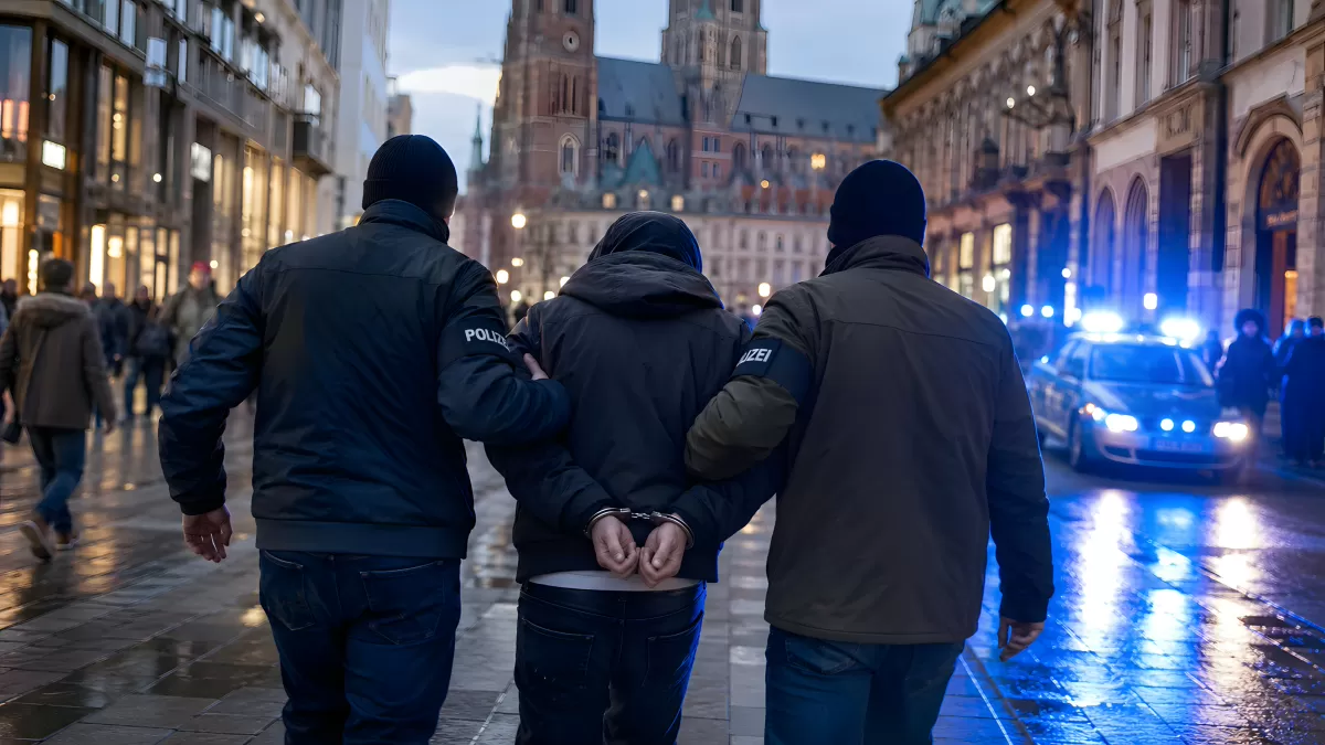 Polizisten führen festgenommene Person in Handschellen ab