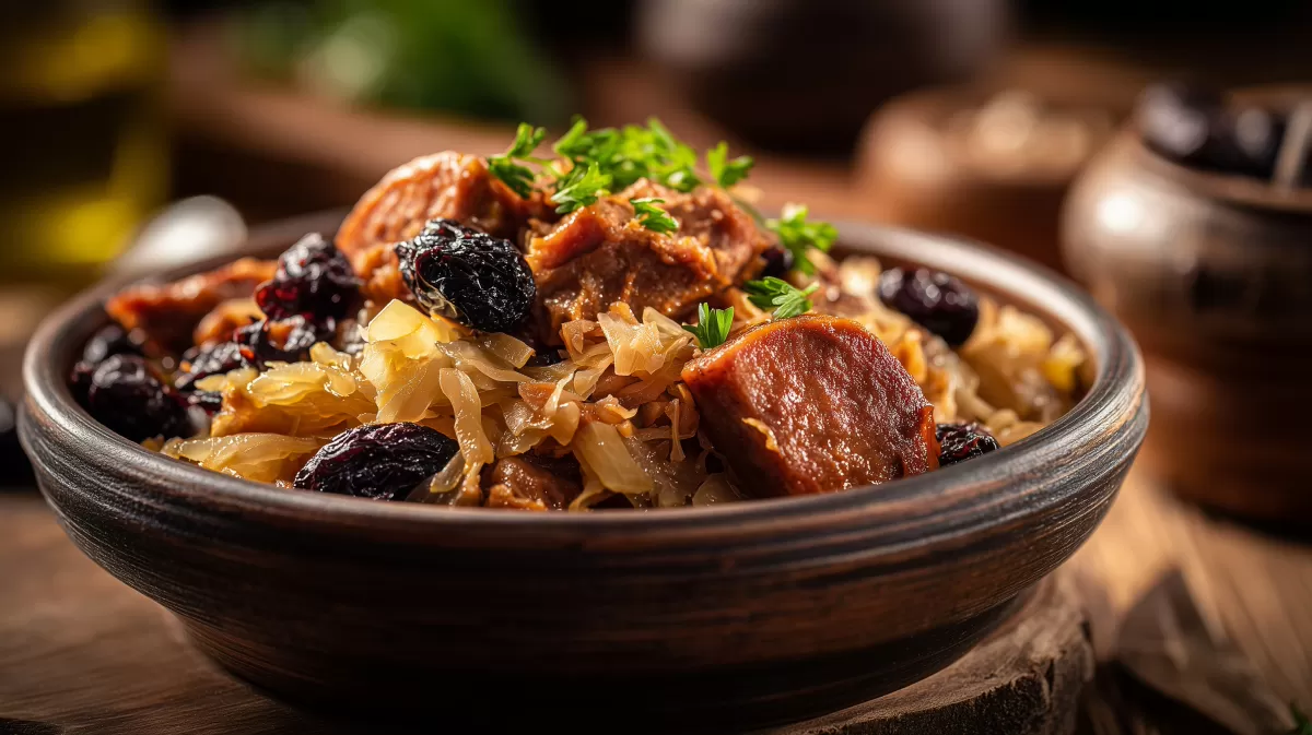 Polnischer Bigos Eintopf mit Wurst und Pflaumen