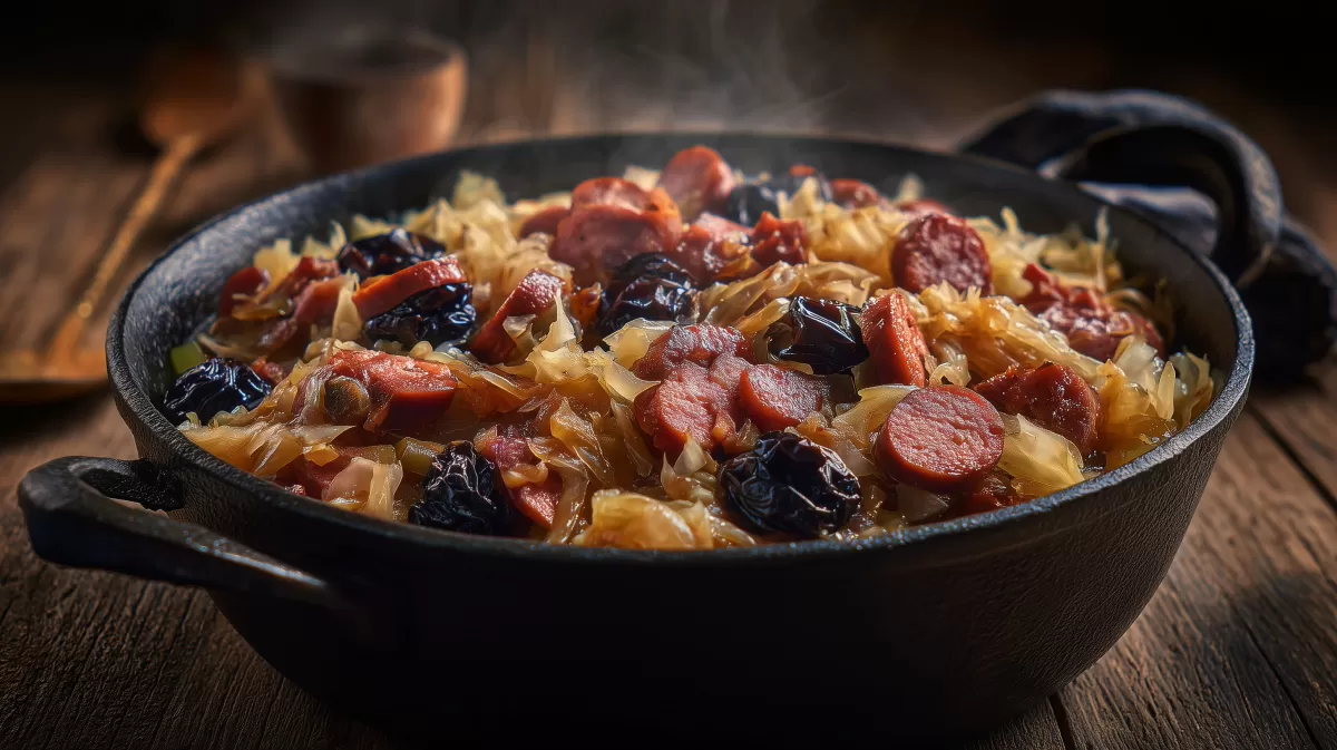Polnischer Bigos Krauteintopf mit Wurst und Pflaumen