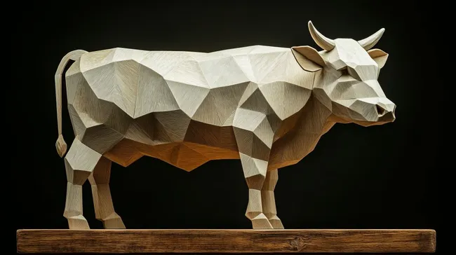 Polygonale Holzskulptur eines Bullen vor dunklem Hintergrund