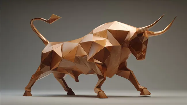 Polygonale Stier-Skulptur in Holz-Optik