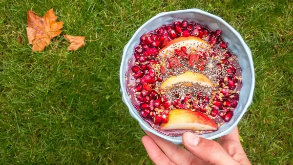 Pomegranate and apple with chia and flax seed in a protein/acai mix