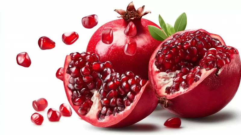 Pomegranate cut open with flying seeds