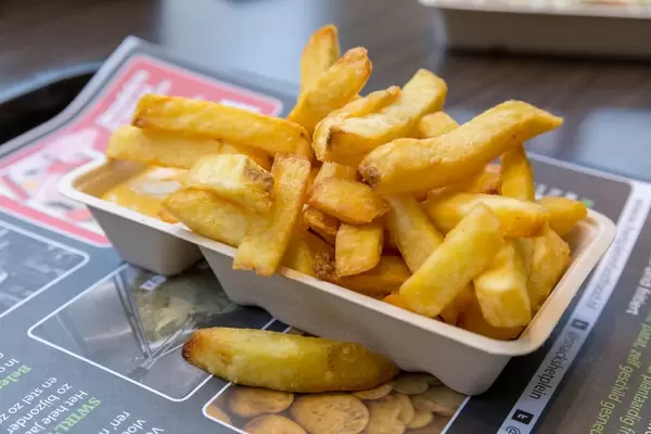 Pommes Frites mit Mayonnaise in Schale von Imbissbude steht auf Zeitung