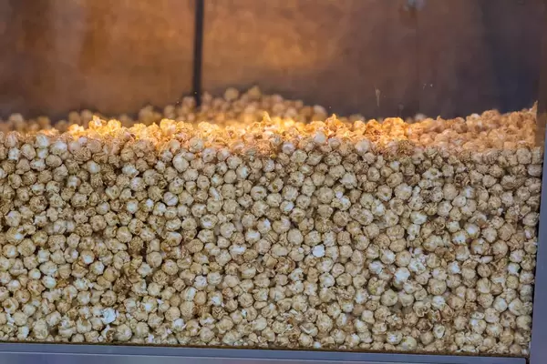 Popcorn behind the glass of a popcorn machine