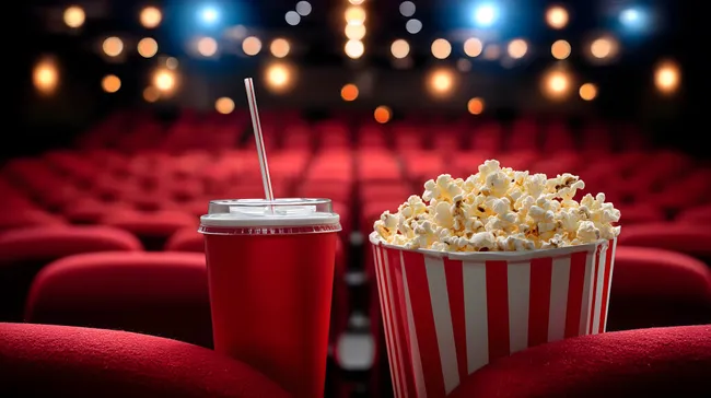 Popcorn und Getränk im Kino vor rotem Theatervorhang