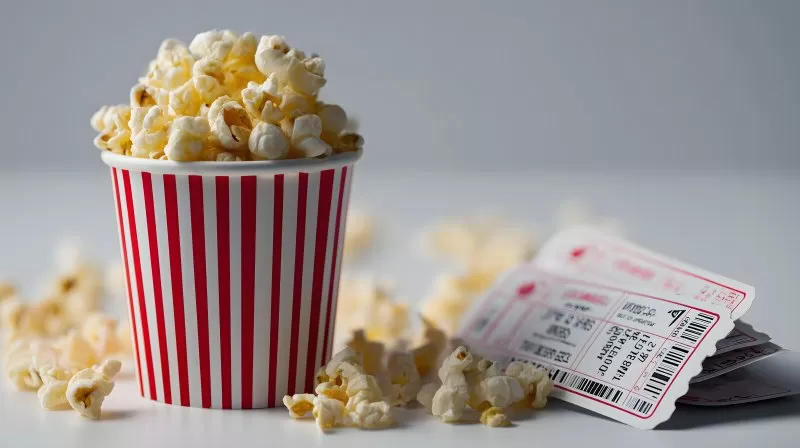 Popcornbecher mit Kinotickets auf Tisch