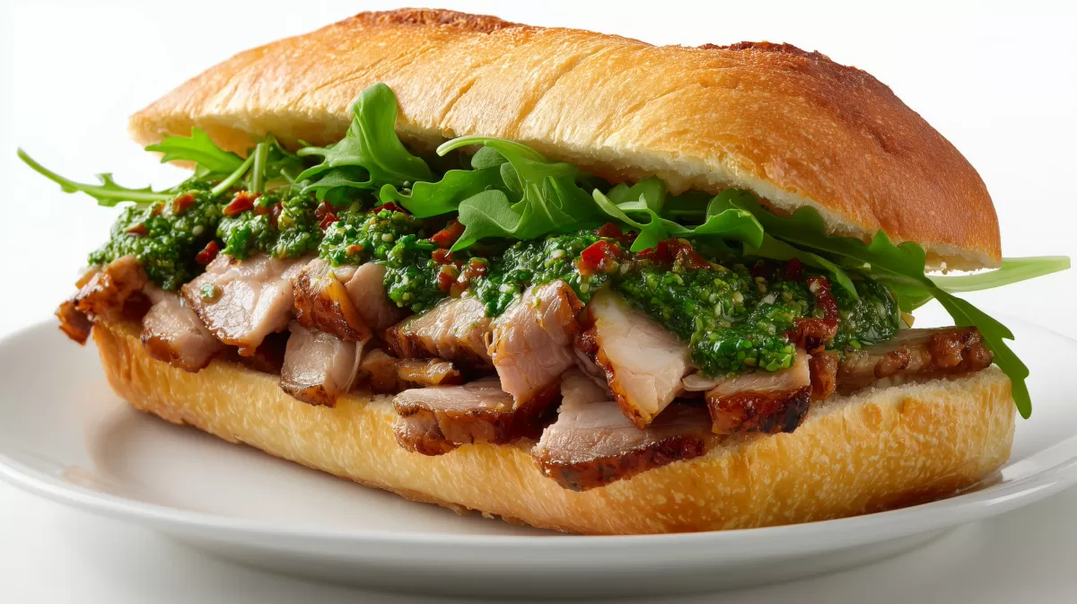Porchetta Sandwich mit Chimichurri und Rucola